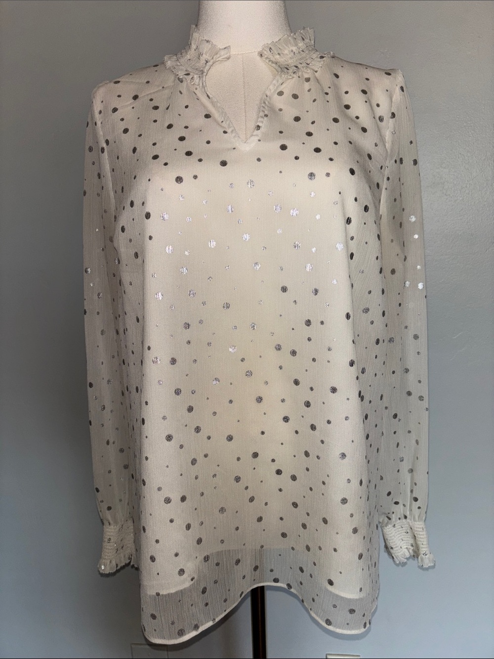 Talbots Cream Long-Sleeve Blouse with Silver Polka Dots